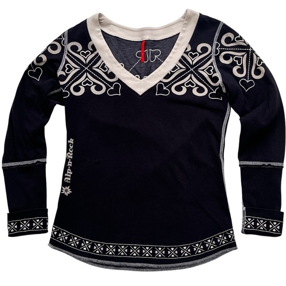 Alp-n-Rock Snowflake V Neck Long Sleeve Top Black Reversible Hearts Size XS/S - Picture 4 of 9